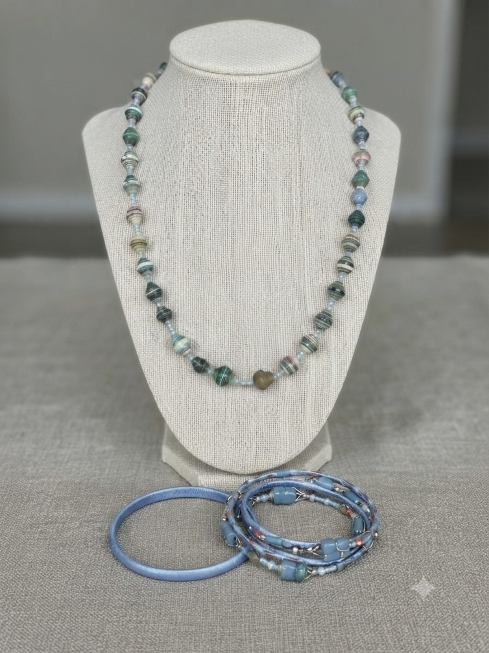 Boho Chic Green & Blue Recycled Paper Bead Bangle Jewelry Set